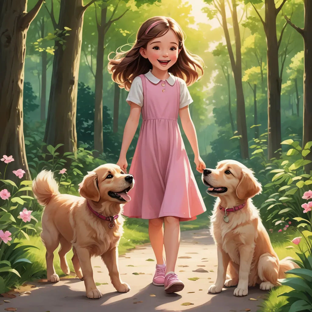a girl in a pink dress is walking two dogs in a forest with pink flowers and trees behind her, american scene painting, a storybook illustration, Bob Byerley, official art