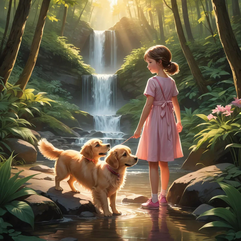 a girl and a dog are standing in the woods near a waterfall and a waterfall falls behind them, with a waterfall in the background, magic realism, a storybook illustration, Bob Byerley, kinkade