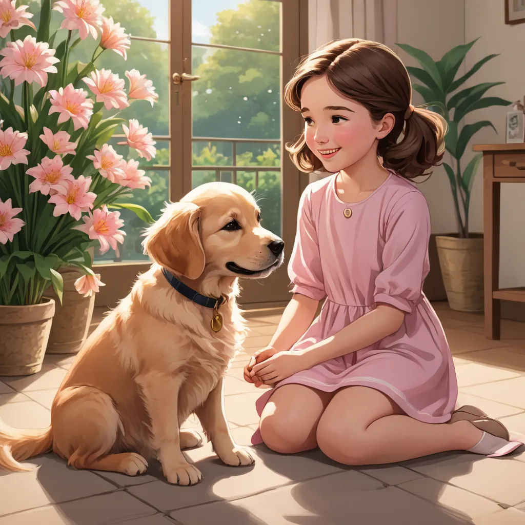 a girl sitting on the floor next to a dog and a potted plant with pink flowers in it, american scene painting, a storybook illustration, Charles Schulz, official art