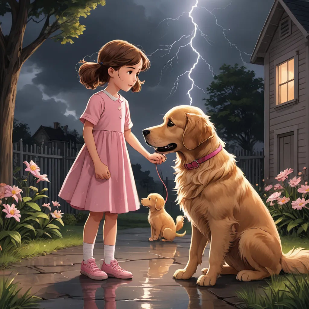 a girl in a pink dress is petting a dog on a leash in front of a house with a lightning bolt, american scene painting, a storybook illustration, Bob Byerley, storybook illustration