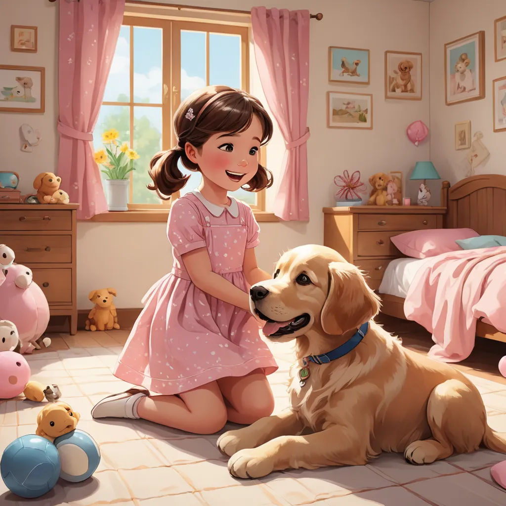 a girl in a pink dress petting a dog in a bedroom with pink curtains and pink walls and a pink bed, american scene painting, a storybook illustration, Diego Gisbert Llorens, storybook illustration
