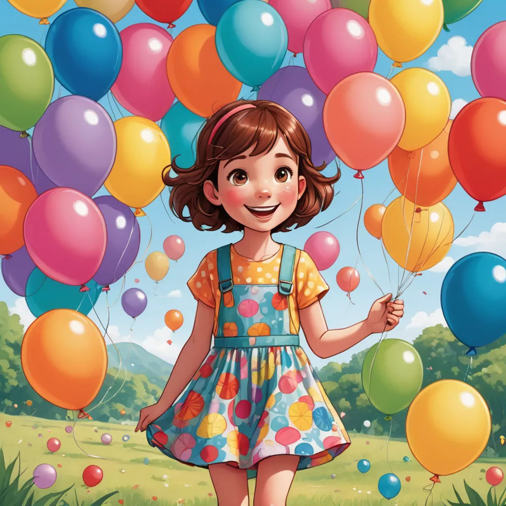 a girl holding a bunch of balloons in a field of grass and flowers with a sky background that has a lot of balloons floating in the air, photorealism, a storybook illustration, Diego Gisbert Llorens, comic cover art