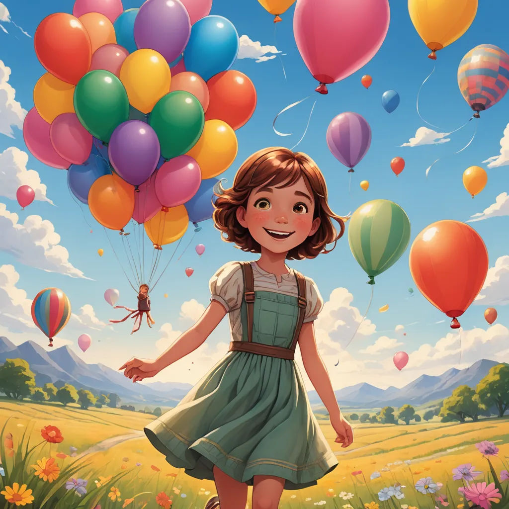 a girl in a dress holding balloons in a field with mountains in the background and a sky filled with clouds, fantasy art, a storybook illustration, Aaron Jasinski, official art