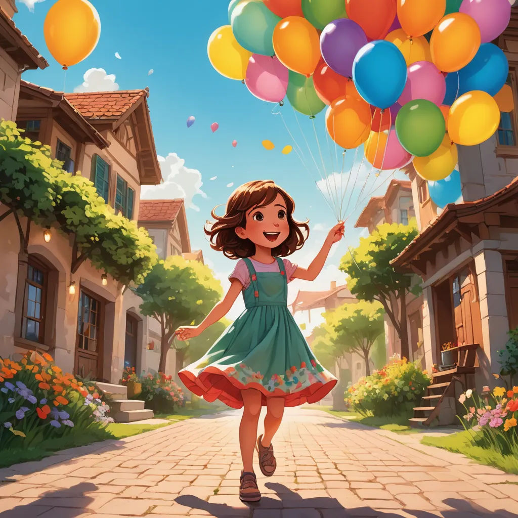 a girl is holding a bunch of balloons in the air while walking down a street with houses and flowers, american scene painting, a storybook illustration, Aaron Jasinski, rossdraws global illumination