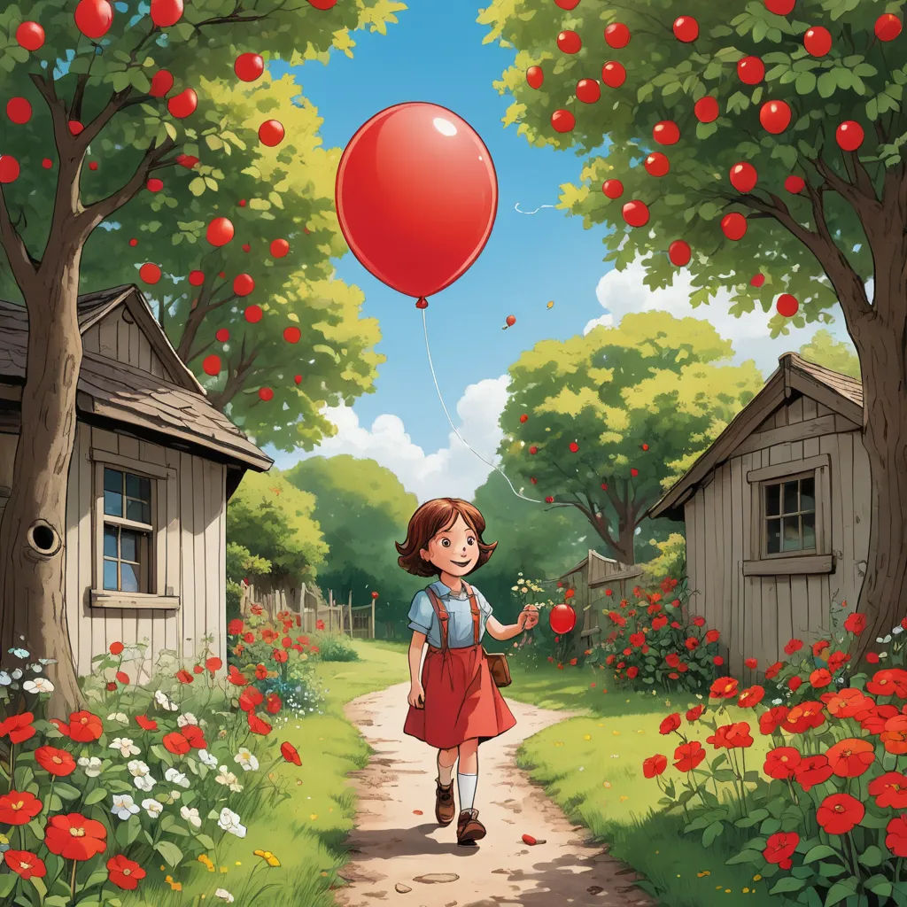 a girl is walking down a path with a red balloon in the air above her head and a house in the background, fantasy art, a storybook illustration, Aaron Jasinski, official art