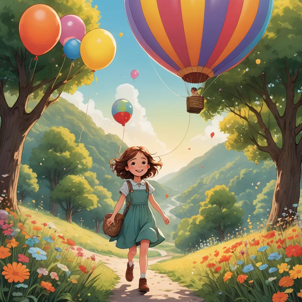 a girl walking down a path with balloons flying above her head and a bag in her hand, in a cartoon style, fantasy art, a storybook illustration, Cyril Rolando, rossdraws global illumination