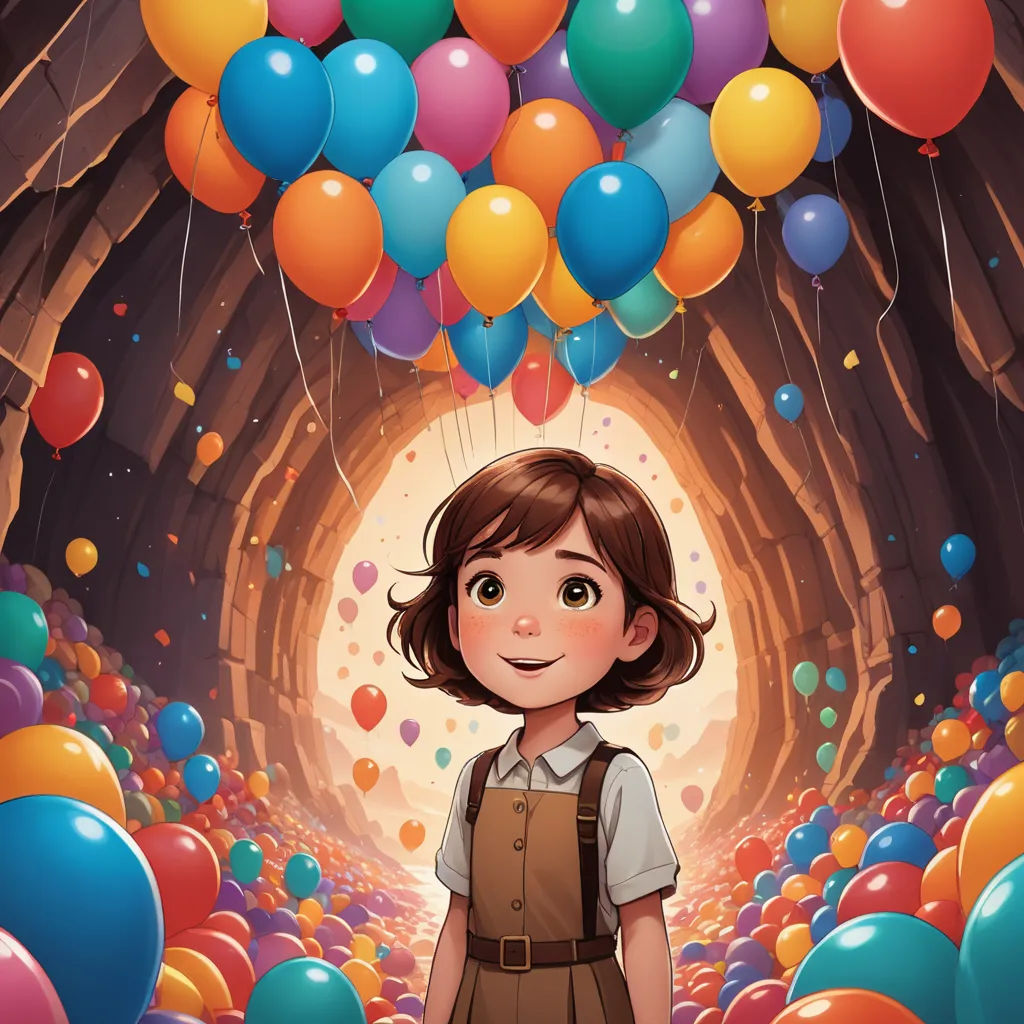 a girl standing in a tunnel with balloons floating above her head and a tunnel of balloons floating above her head, visual art, a storybook illustration, Diego Gisbert Llorens, comic cover art