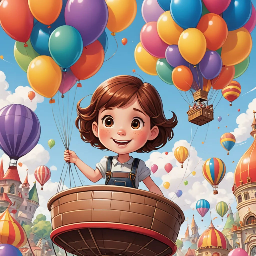 a girl is flying in a hot air balloon with many balloons in the sky above her and a castle in the background, pop surrealism, a storybook illustration, Cliff Childs, pixar and disney animation