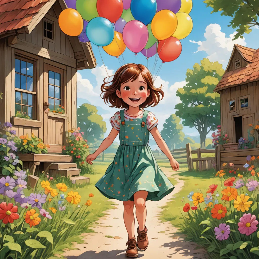 a girl walking down a path with balloons on her head and a house in the background with flowers and a path leading to a house, american scene painting, a storybook illustration, Bob Byerley, official art