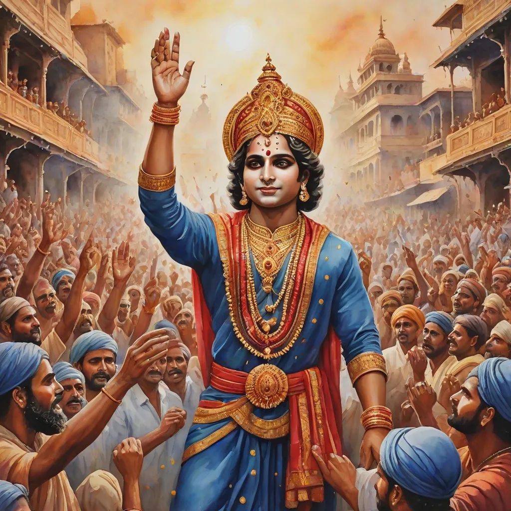 a painting of a man in a blue outfit with his hands up in the air and other people surrounding him, classical painting, samikshavad, an oil on canvas painting, Bholekar Srihari