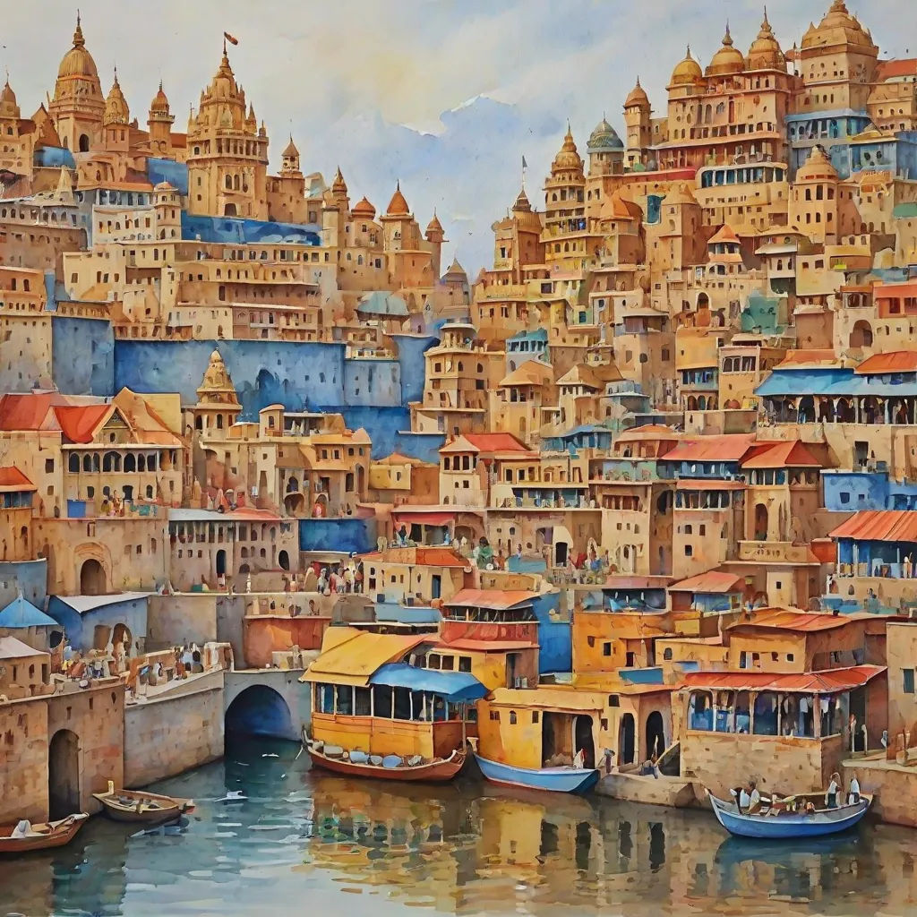 a painting of a city with boats in the water and a bridge in the foreground and a bridge in the background, detailed painting, bengal school of art, a detailed matte painting, Anthony Devas