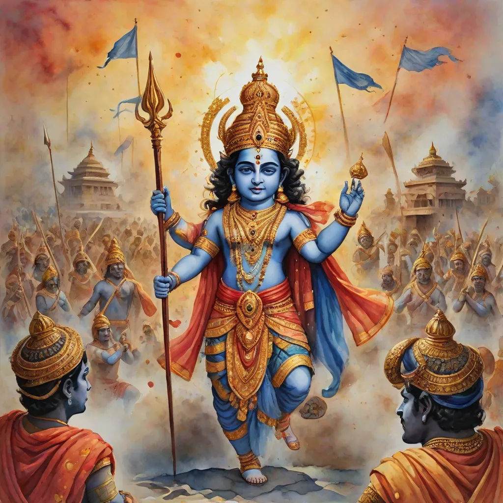 a painting of a god with a staff and a flag in his hand and a group of men around him, highly detailed digital painting, samikshavad, an oil on canvas painting, Bholekar Srihari