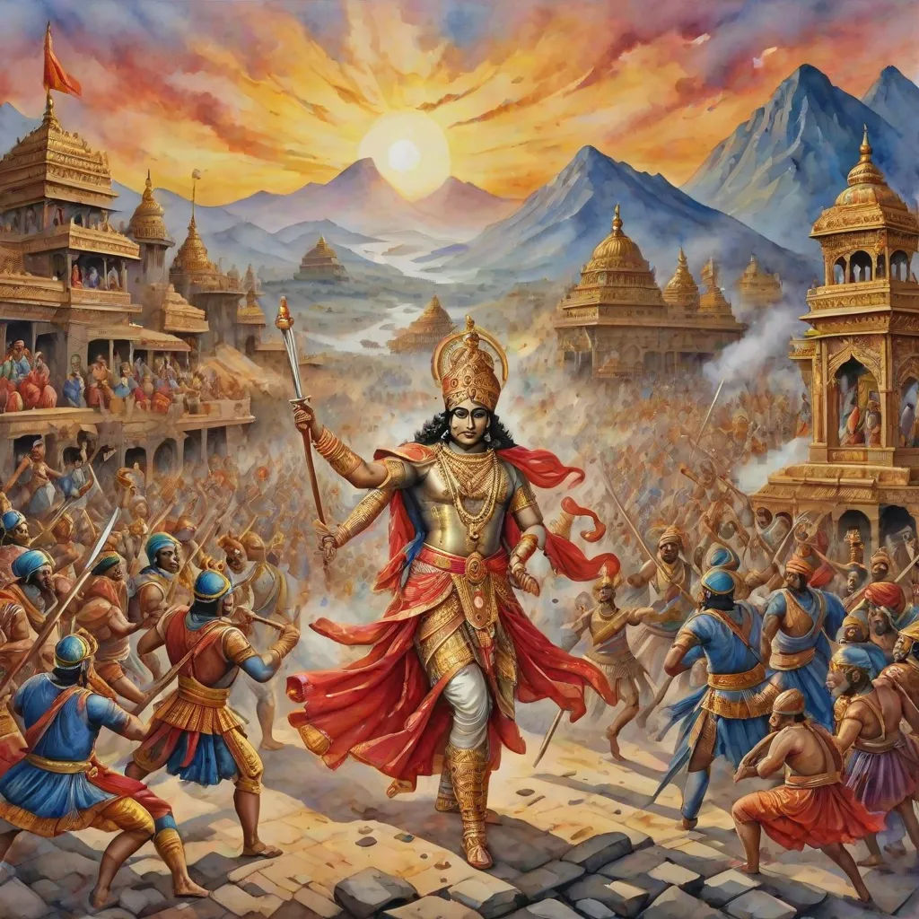a painting of a man with a sword in front of a crowd of people in a mountain town with a mountain range in the background, comic cover art, samikshavad, an oil on canvas painting, Bholekar Srihari