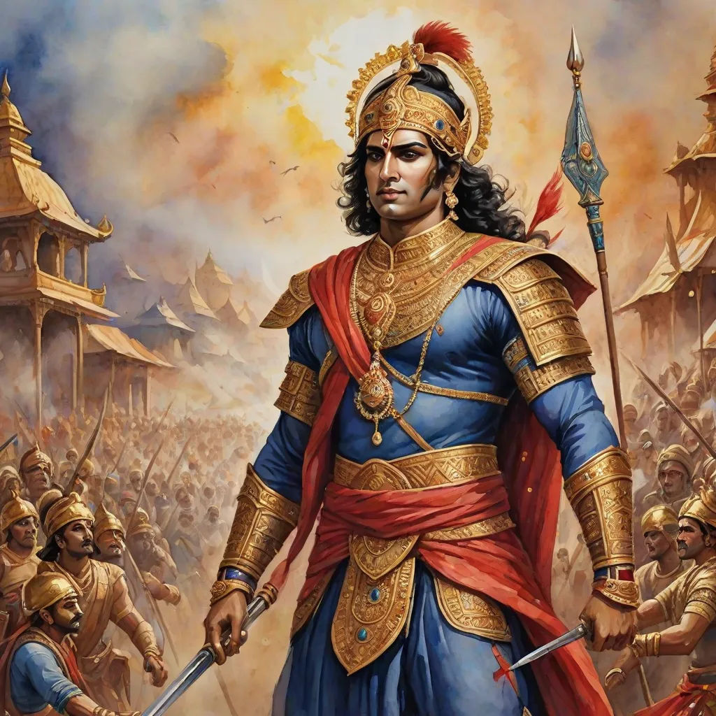 a painting of a man in a blue and gold outfit holding a sword and a sword in his hand, highly detailed digital painting, samikshavad, a detailed painting, Bholekar Srihari