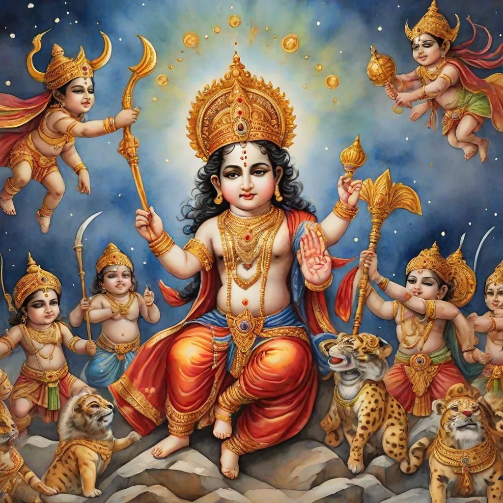 a painting of a hindu god surrounded by other deities and animals in a blue sky background with clouds and stars, divinity, samikshavad, a detailed painting, Bholekar Srihari