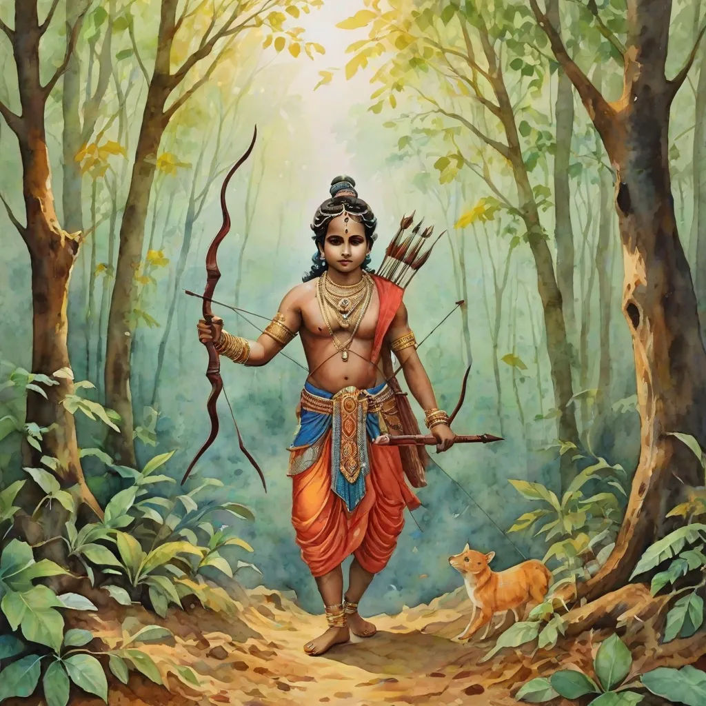a painting of a man with a bow and arrow in the woods with a dog nearby on a path, jayison devadas, samikshavad, an oil on canvas painting, Bholekar Srihari