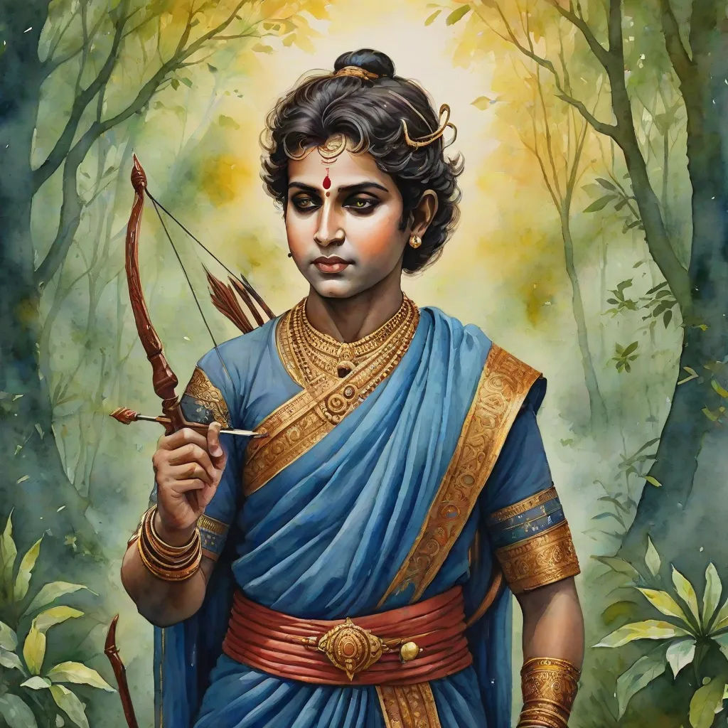 a painting of a man holding a bow and arrow in his hand in a forest with trees and leaves, jayison devadas, samikshavad, a detailed painting, Bholekar Srihari