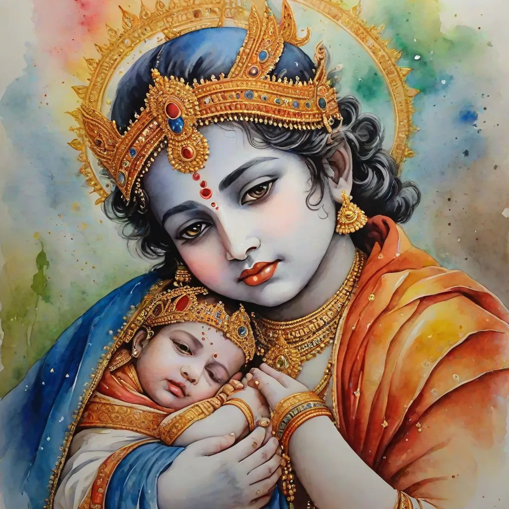 a painting of a woman holding a baby in her arms with a crown on her head and a rainbow background, soft painting, bengal school of art, an oil on canvas painting, Bholekar Srihari