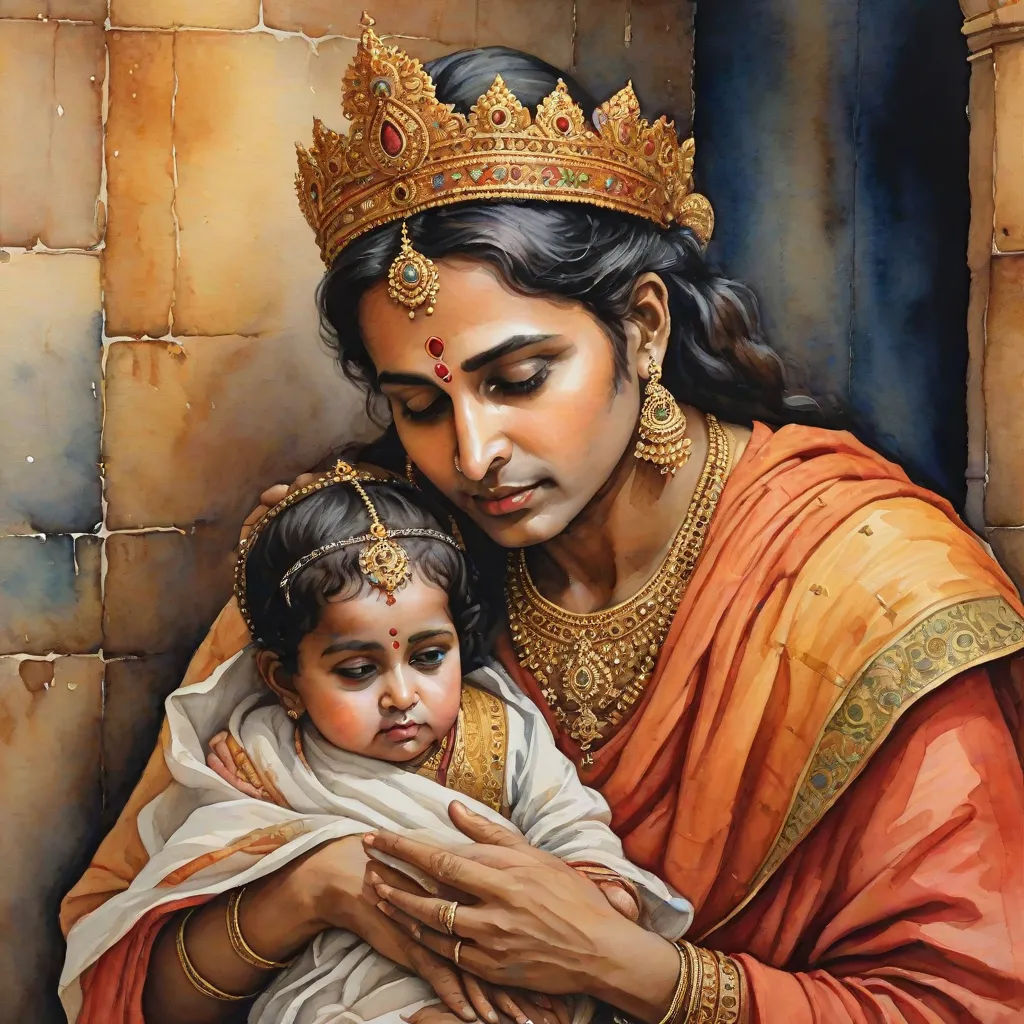 a painting of a woman holding a child in her arms and wearing a crown on her head, with a brick wall behind her, classical painting, bengal school of art, an oil on canvas painting, Bholekar Srihari