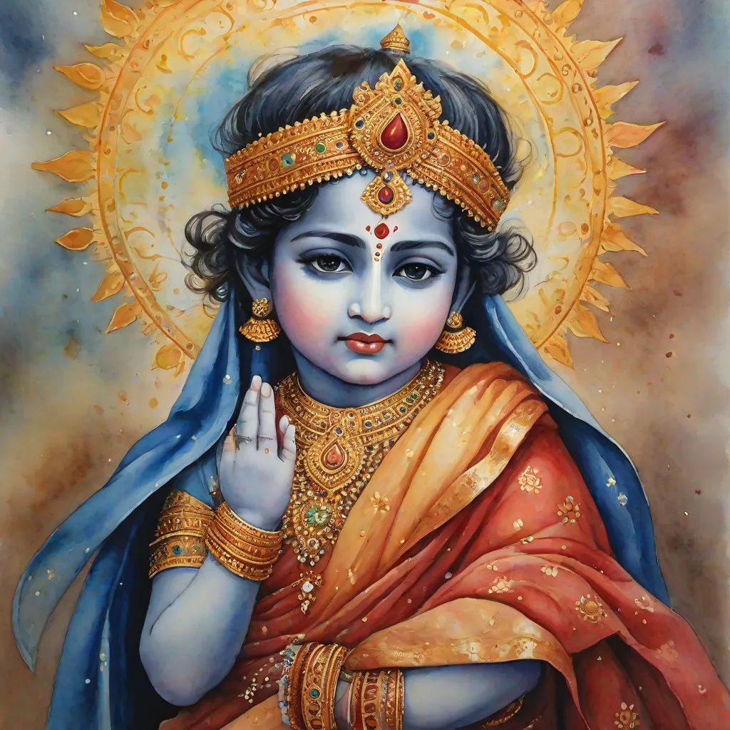 a painting of a child in a yellow outfit with a blue shawl and a sun halo on her head, divinity, samikshavad, an oil on canvas painting, Bholekar Srihari