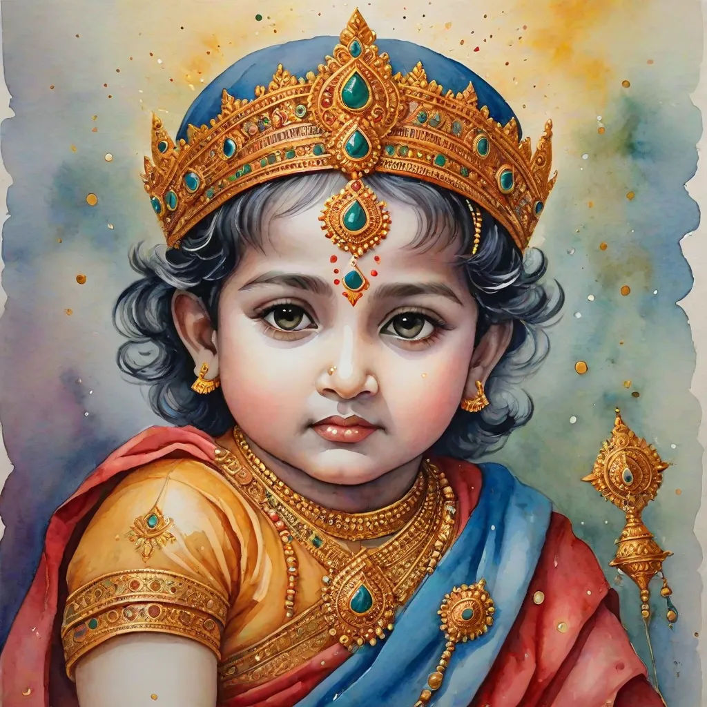 a painting of a child wearing a crown and a blue and red dress with gold accents on it's head, detailed painting, samikshavad, an oil on canvas painting, Bholekar Srihari
