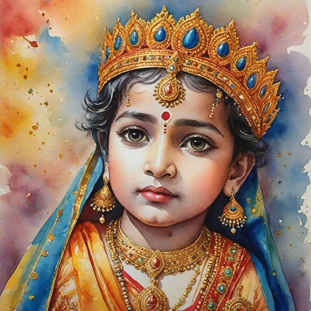 a painting of a child wearing a gold and blue outfit and a tiara with jewels on her head, detailed painting, samikshavad, a watercolor painting, Bholekar Srihari