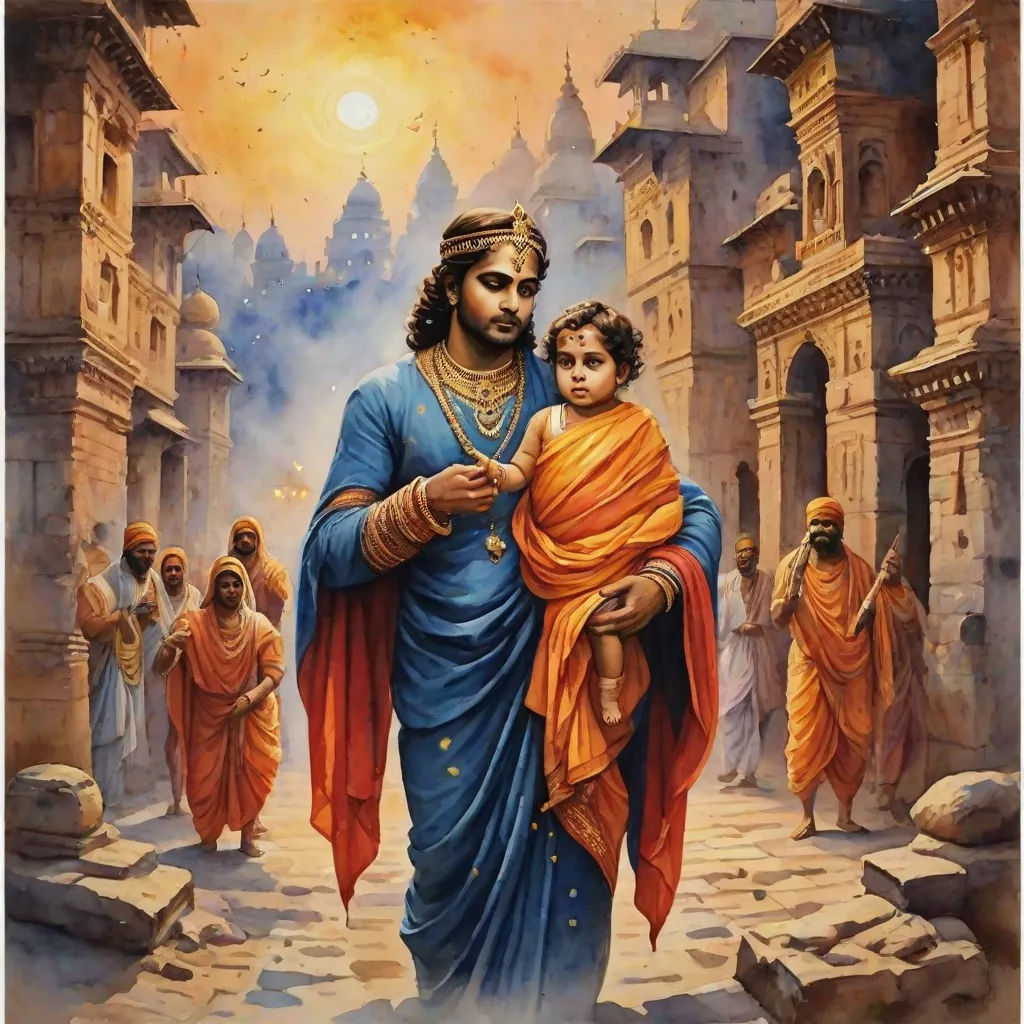 a painting of a man holding a child in his arms in front of a group of people in orange robes, classical painting, samikshavad, an oil on canvas painting, Bholekar Srihari