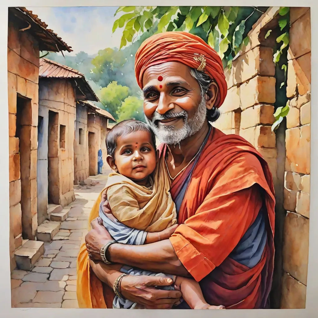 a painting of a man holding a child in his arms and smiling at the camera with a village in the background, highly detailed oil painting, photorealism, a detailed painting, Bholekar Srihari