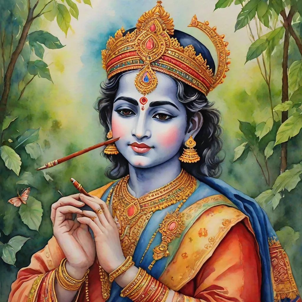 a painting of a woman with a pipe in her hand and a tree in the background with leaves and a butterfly, detailed painting, samikshavad, an oil on canvas painting, Bholekar Srihari