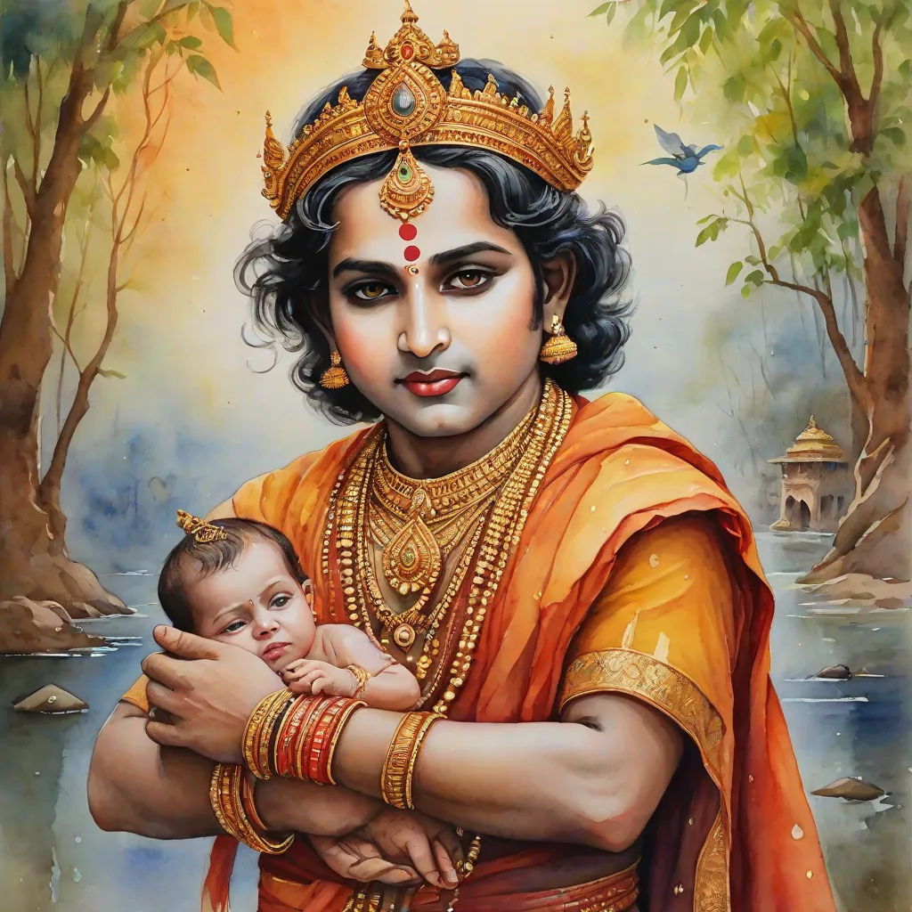 a painting of a woman holding a baby in her arms and a bird flying above her head, with a tree in the background, classical painting, samikshavad, an oil on canvas painting, Bholekar Srihari