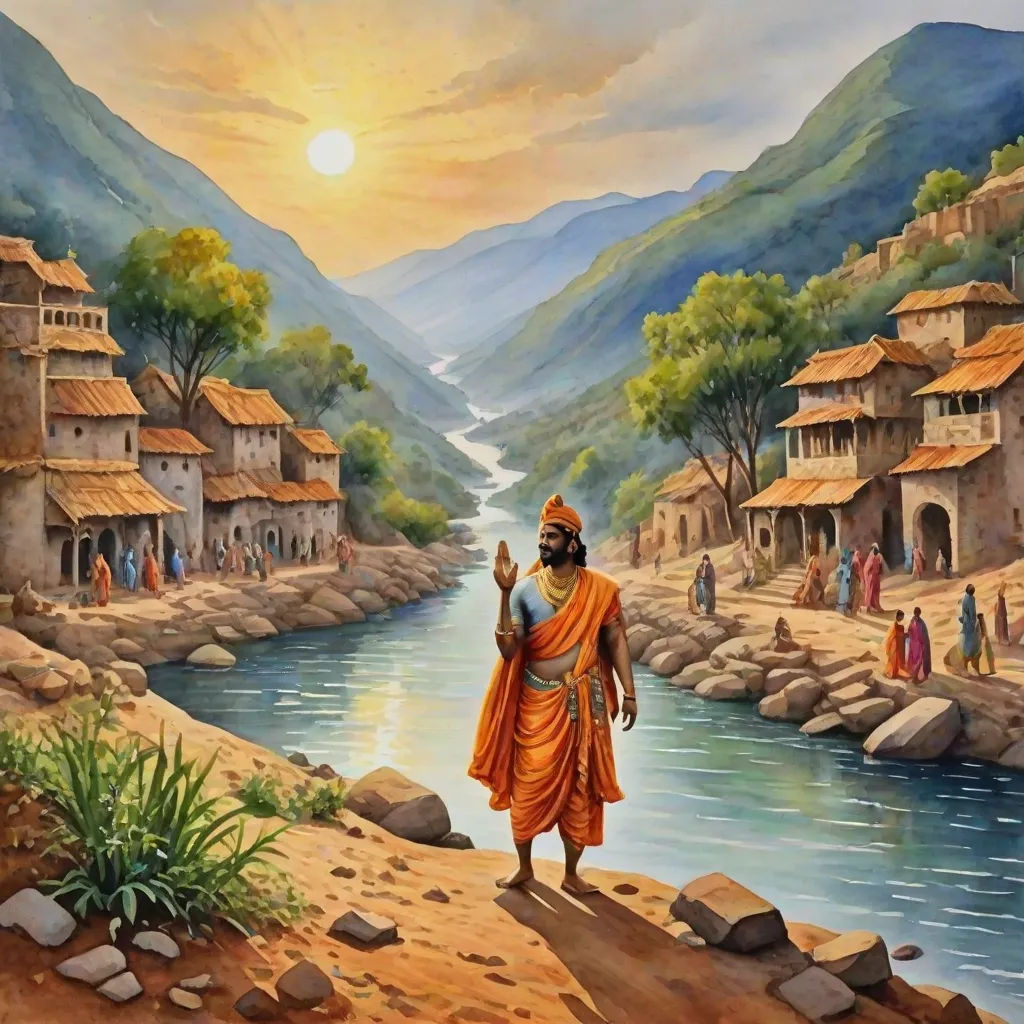 a painting of a man walking down a river with a village in the background and a river running through it, classical painting, samikshavad, a detailed matte painting, Bholekar Srihari