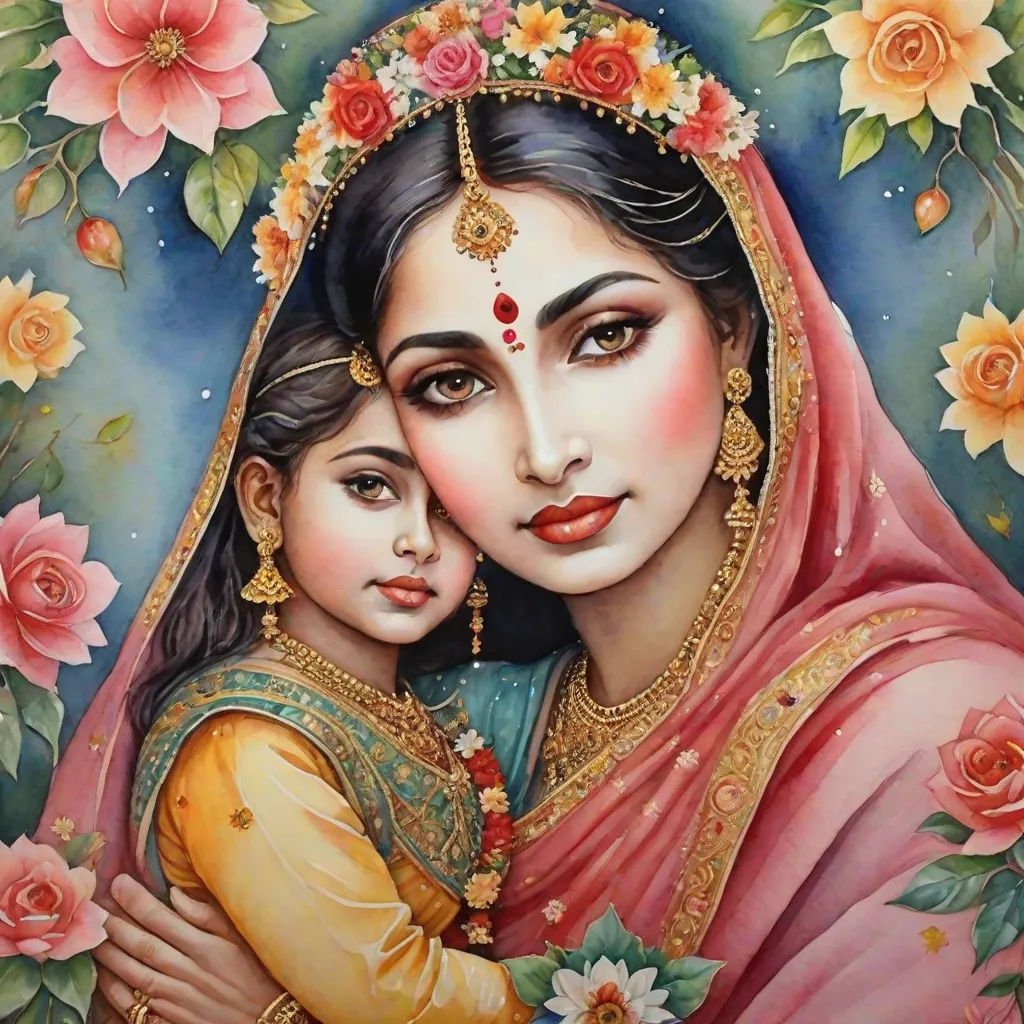 a painting of a mother and child in a floral frame with roses around them and a blue sky behind them, detailed painting, figurative art, a detailed painting, Ella Guru