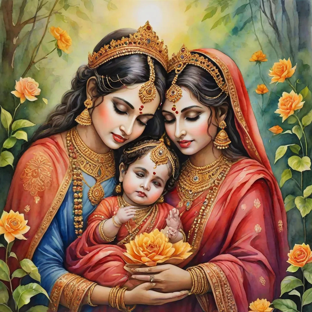 a painting of a mother and child with flowers in the background of them, and a sun above them, classical painting, samikshavad, an oil on canvas painting, Bholekar Srihari
