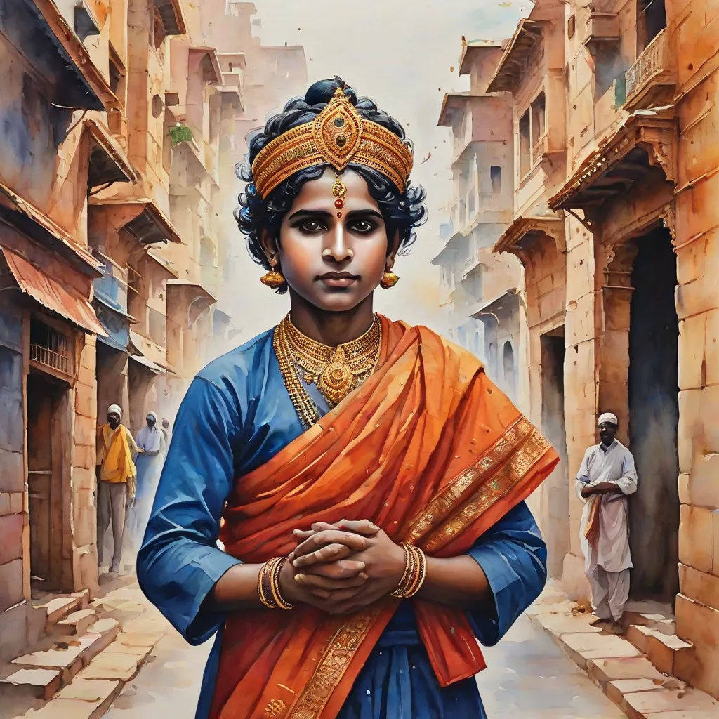 a painting of a man in a blue outfit standing in a street with a man in the background in india, highly detailed oil painting, figurative art, an oil on canvas painting, Bholekar Srihari