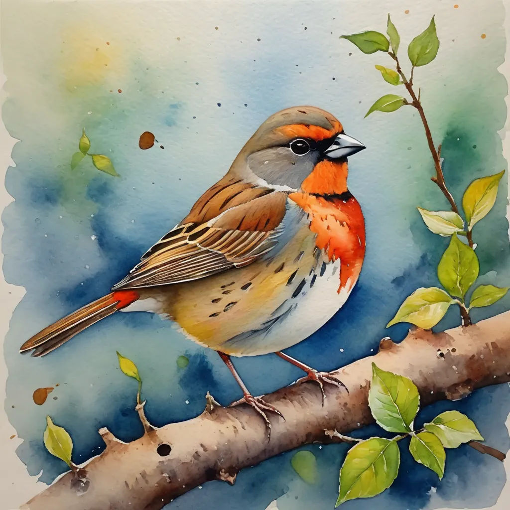 a bird sitting on a branch of a tree with leaves on it's branches and a blue sky behind it, figurative art, a watercolor painting, Carol Sutton, birds