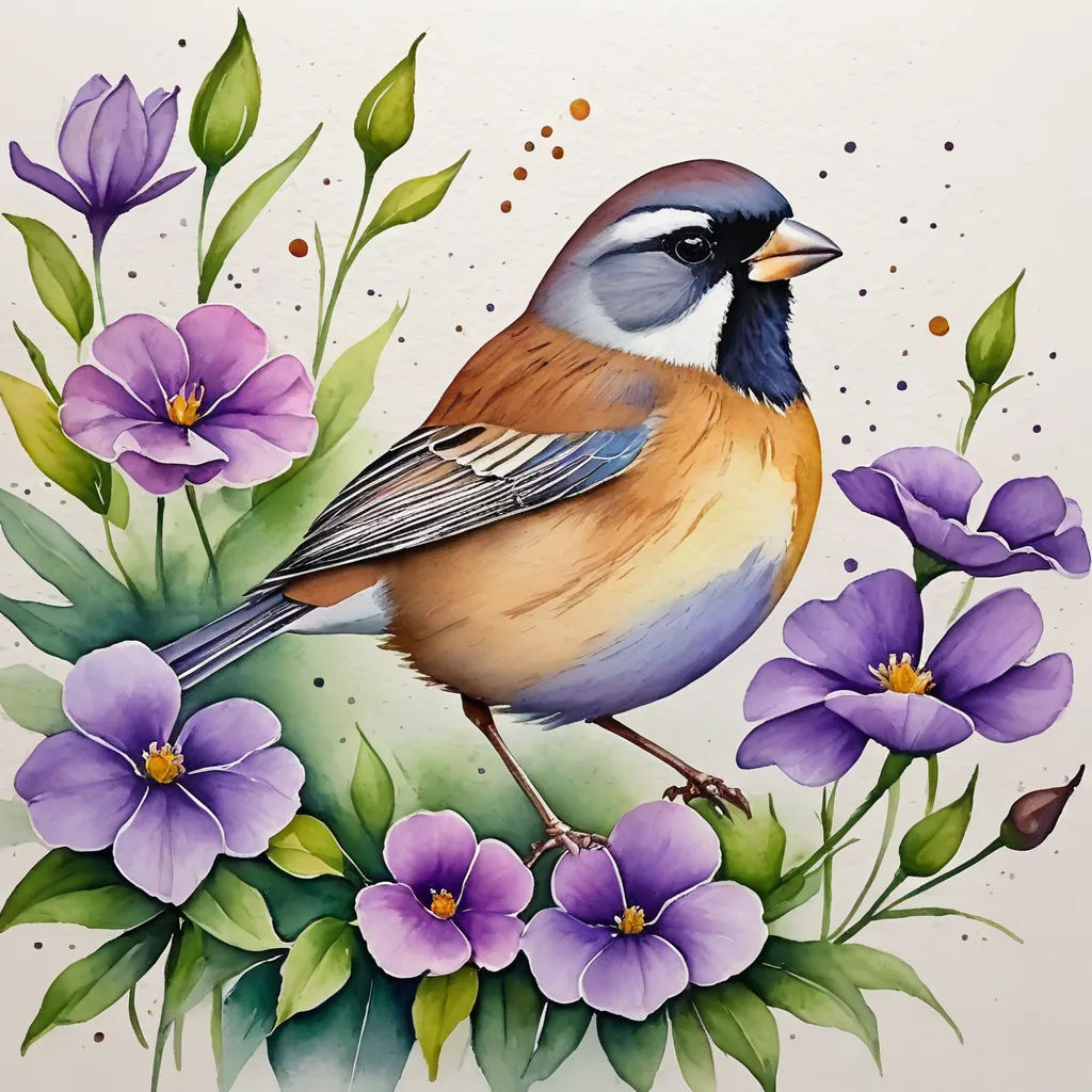 a bird sitting on a branch of purple flowers and green leaves with watercolor paint on paper behind it, cloisonnism, a watercolor painting, Cindy Wright, in gouache detailed paintings