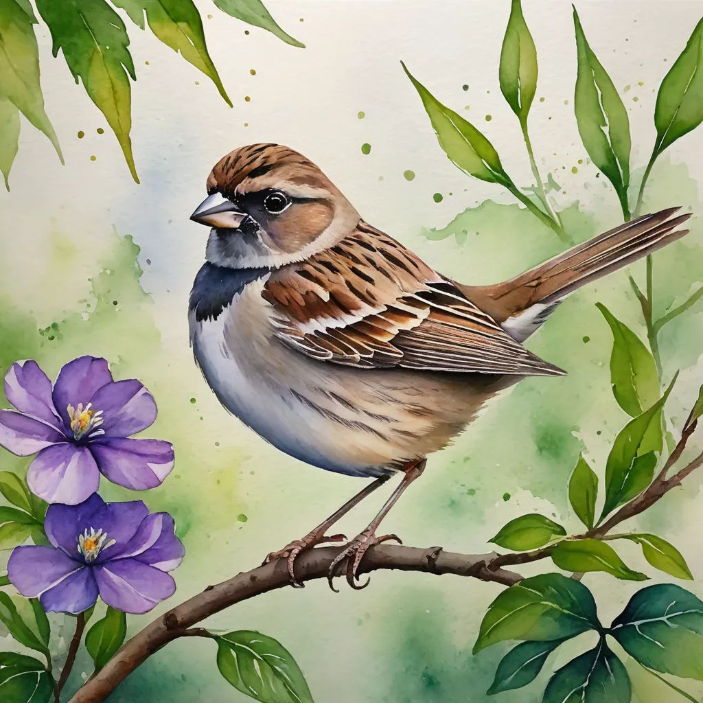 a bird sitting on a branch with purple flowers in the background and watercolor painting of leaves and flowers, figurative art, a watercolor painting, Cindy Wright, in gouache detailed paintings