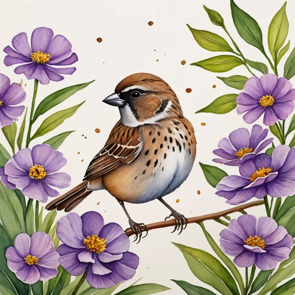 a bird sitting on a branch with purple flowers and green leaves around it and a white background with a brown and blue bird, art & language, an ultrafine detailed painting, Cindy Wright, in gouache detailed paintings