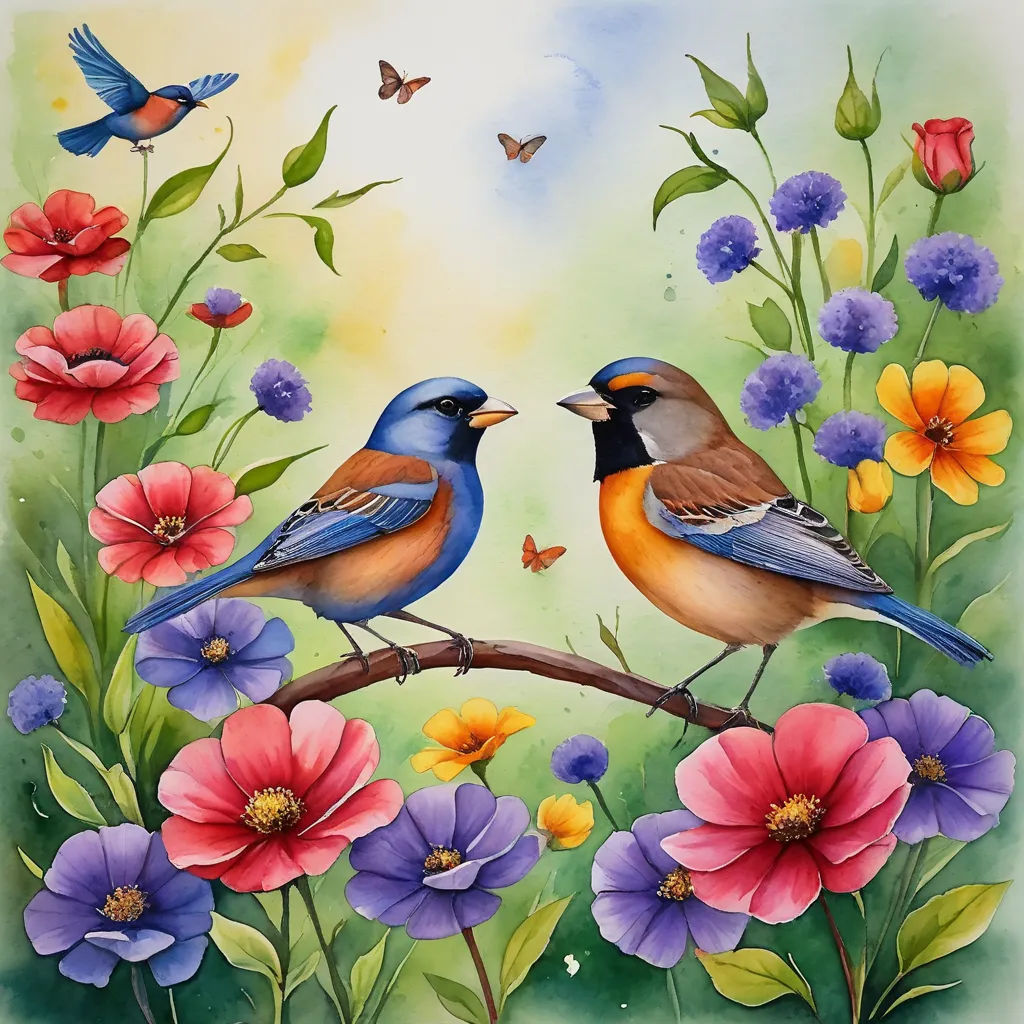two birds are sitting on a branch with flowers and butterflies around them, with a butterfly flying above them, naive art, a watercolor painting, Carol Sutton, detailed painting