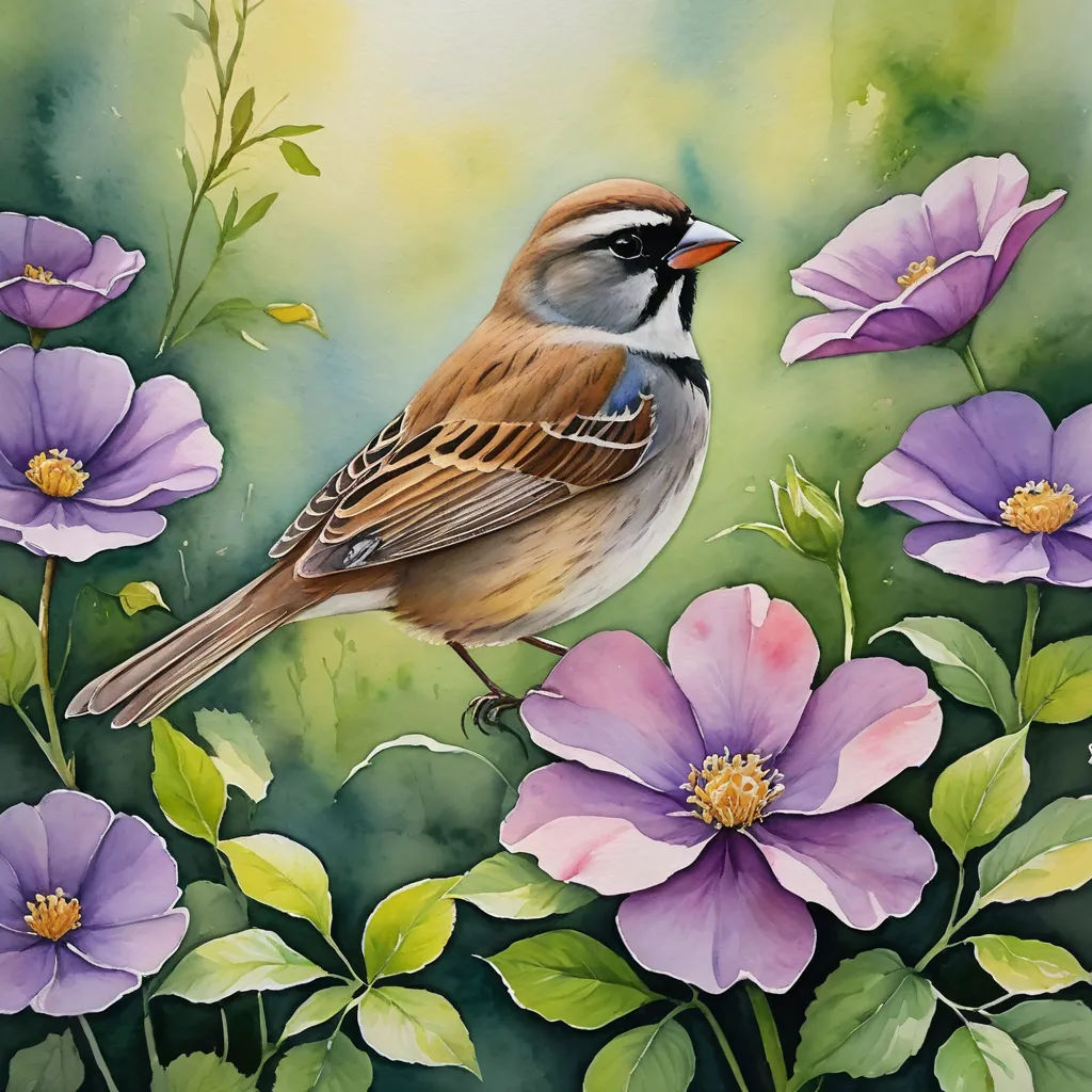 a painting of a bird sitting on a flower branch with purple flowers in the background and a green background, figurative art, a watercolor painting, Carol Sutton, in gouache detailed paintings