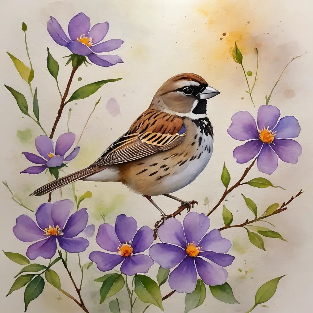 a bird sitting on a branch with purple flowers on it's side and a yellow background behind it, art & language, a watercolor painting, Cindy Wright, in gouache detailed paintings
