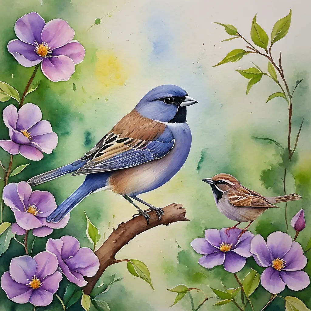 a painting of two birds sitting on a branch with purple flowers in the background and a green background with blue flowers, figurative art, a watercolor painting, Cindy Wright, birds