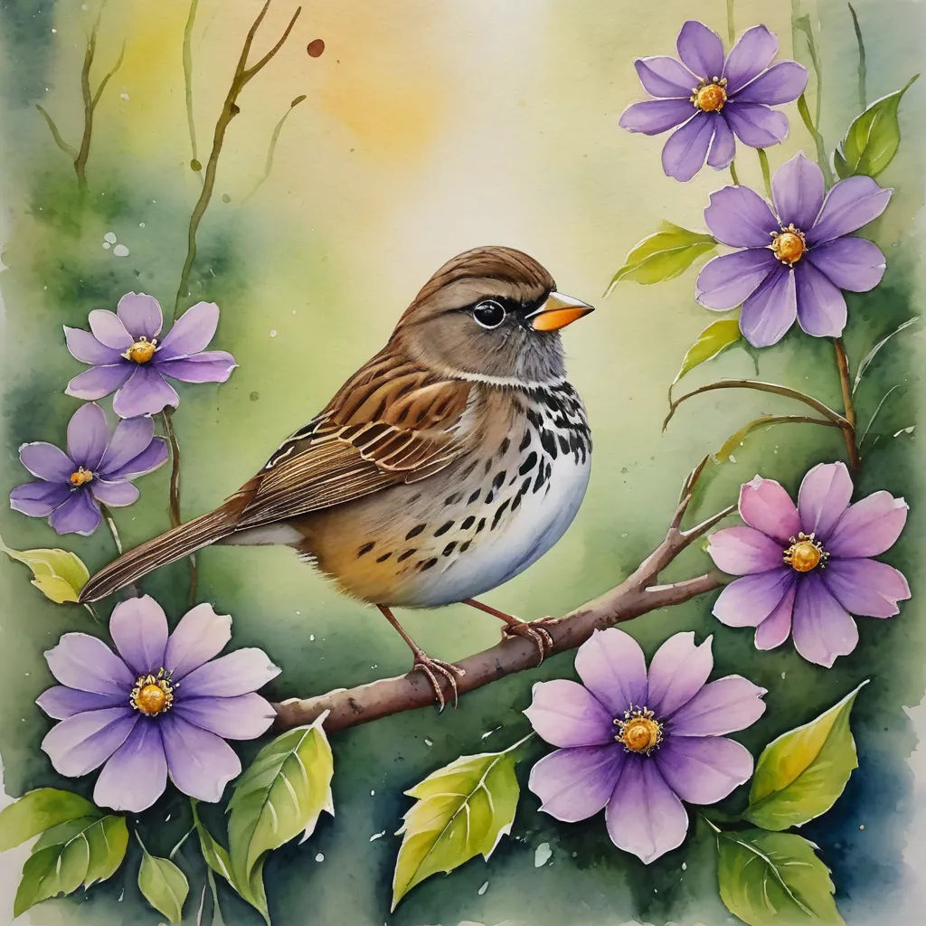 a painting of a bird sitting on a branch with purple flowers on it's side and a yellow background, modern european ink painting, a watercolor painting, Cindy Wright, watercolor
