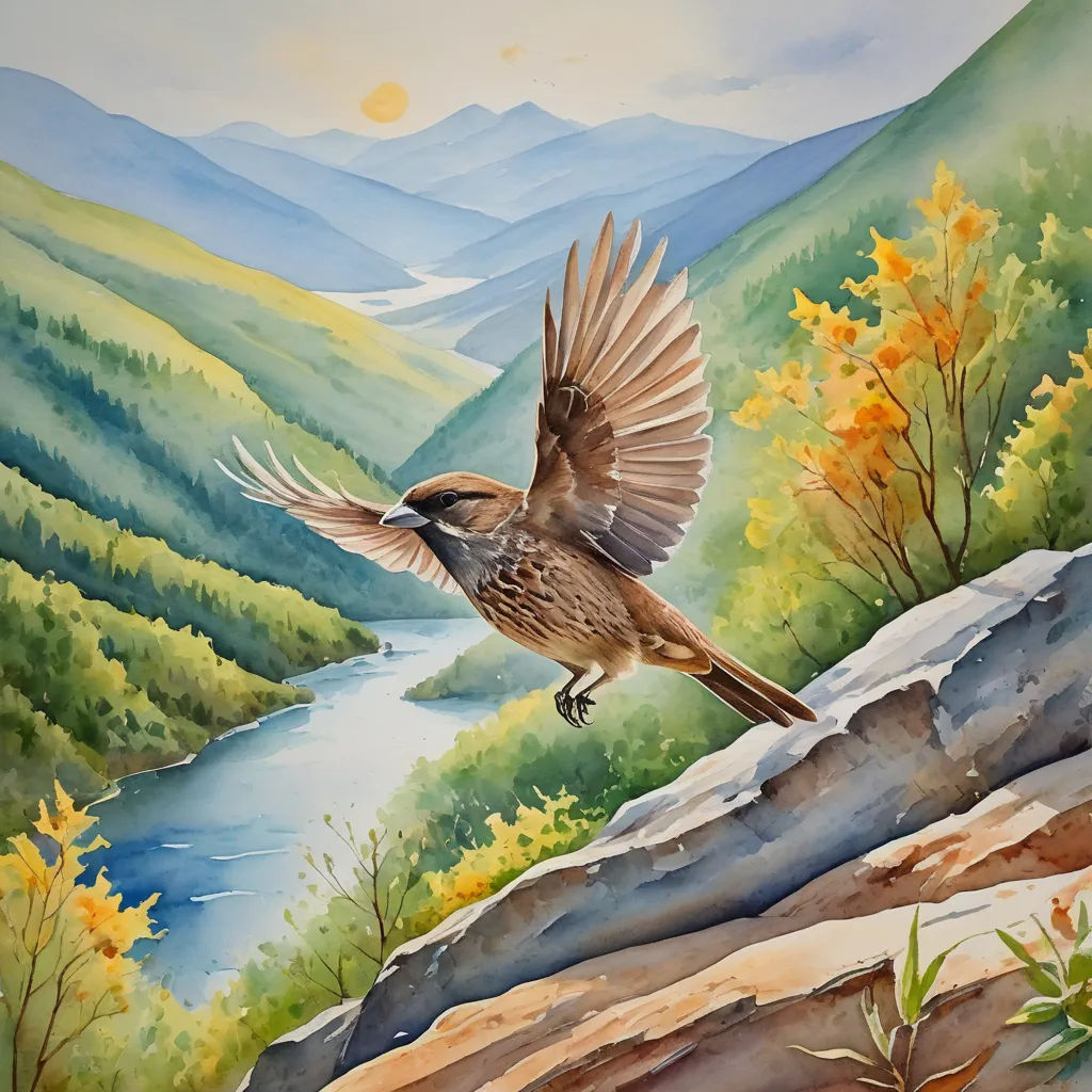 a painting of a bird flying over a mountain range with a river below it and a valley below it, figurative art, an airbrush painting, Carol Sutton, detailed painting