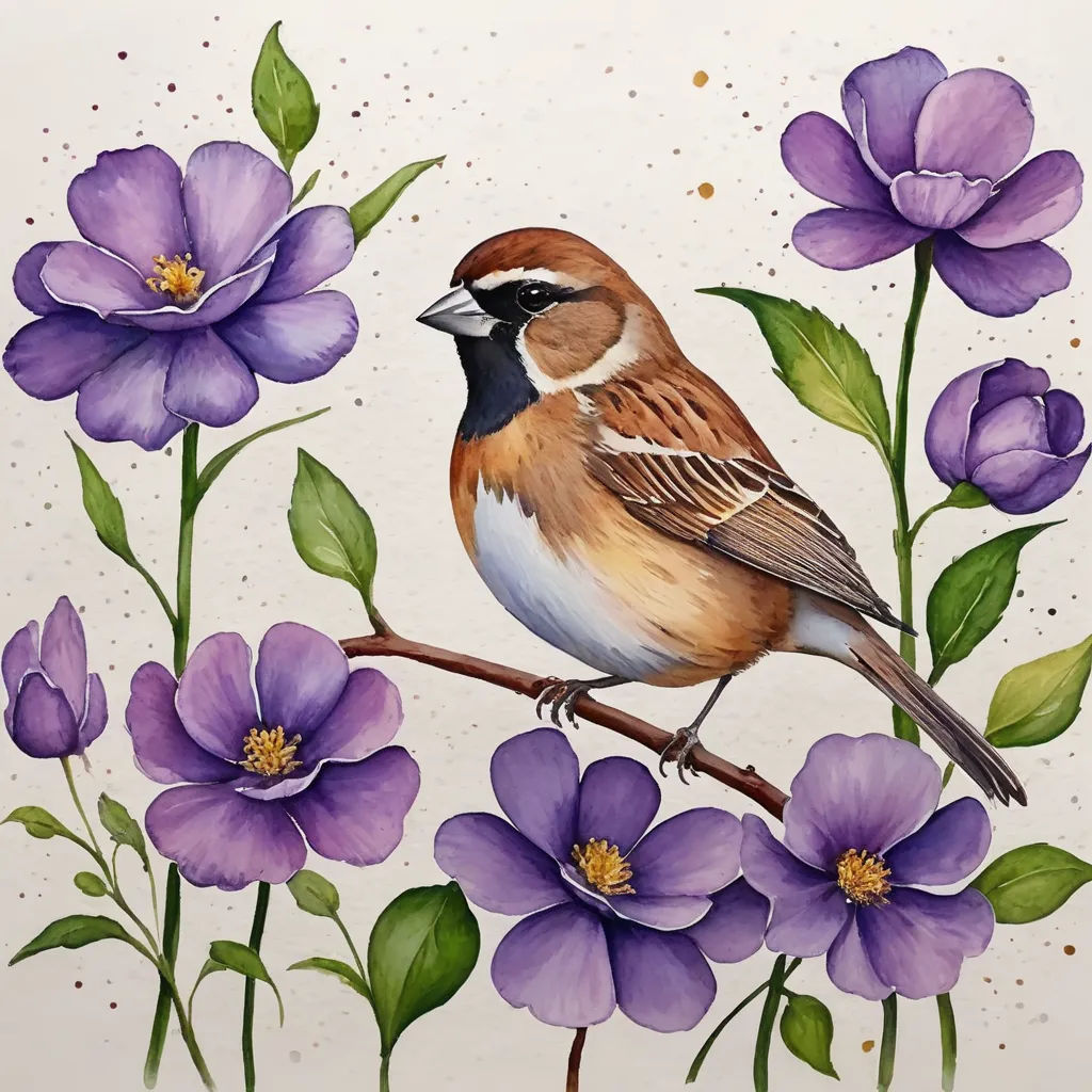 a bird sitting on a branch with purple flowers around it and watercolor paint on paper behind it,, art & language, a watercolor painting, Carol Sutton, in gouache detailed paintings