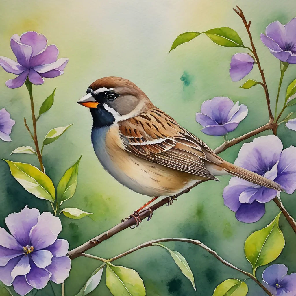 a painting of a bird sitting on a branch with purple flowers in the background and a green background behind it, figurative art, a watercolor painting, Cindy Wright, in gouache detailed paintings
