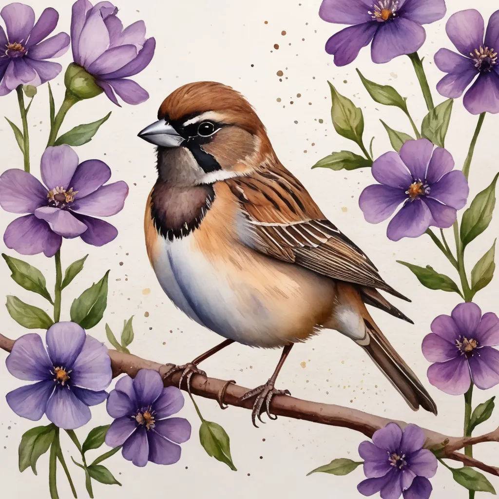 a bird sitting on a branch with purple flowers around it and watercolor paint on paper behind it,, digital art, an ultrafine detailed painting, Cindy Wright, in gouache detailed paintings