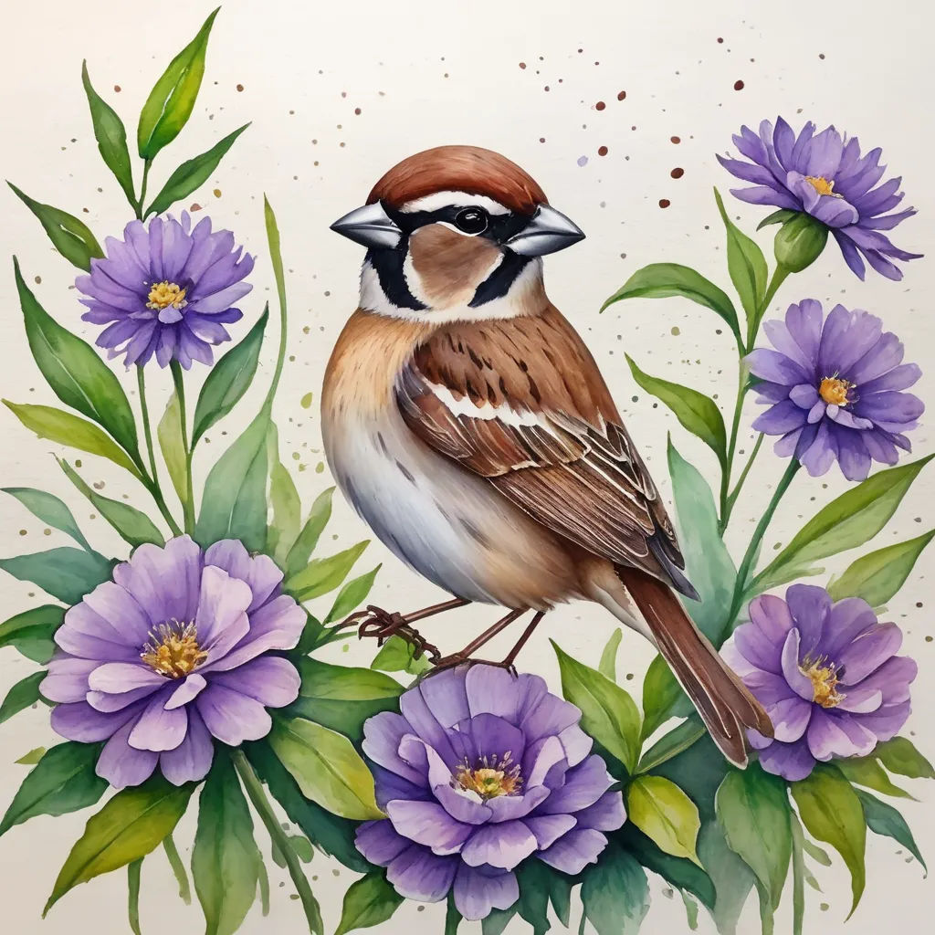 a bird sitting on top of a purple flower next to purple flowers and green leaves on a white background, art & language, a watercolor painting, Cindy Wright, in gouache detailed paintings