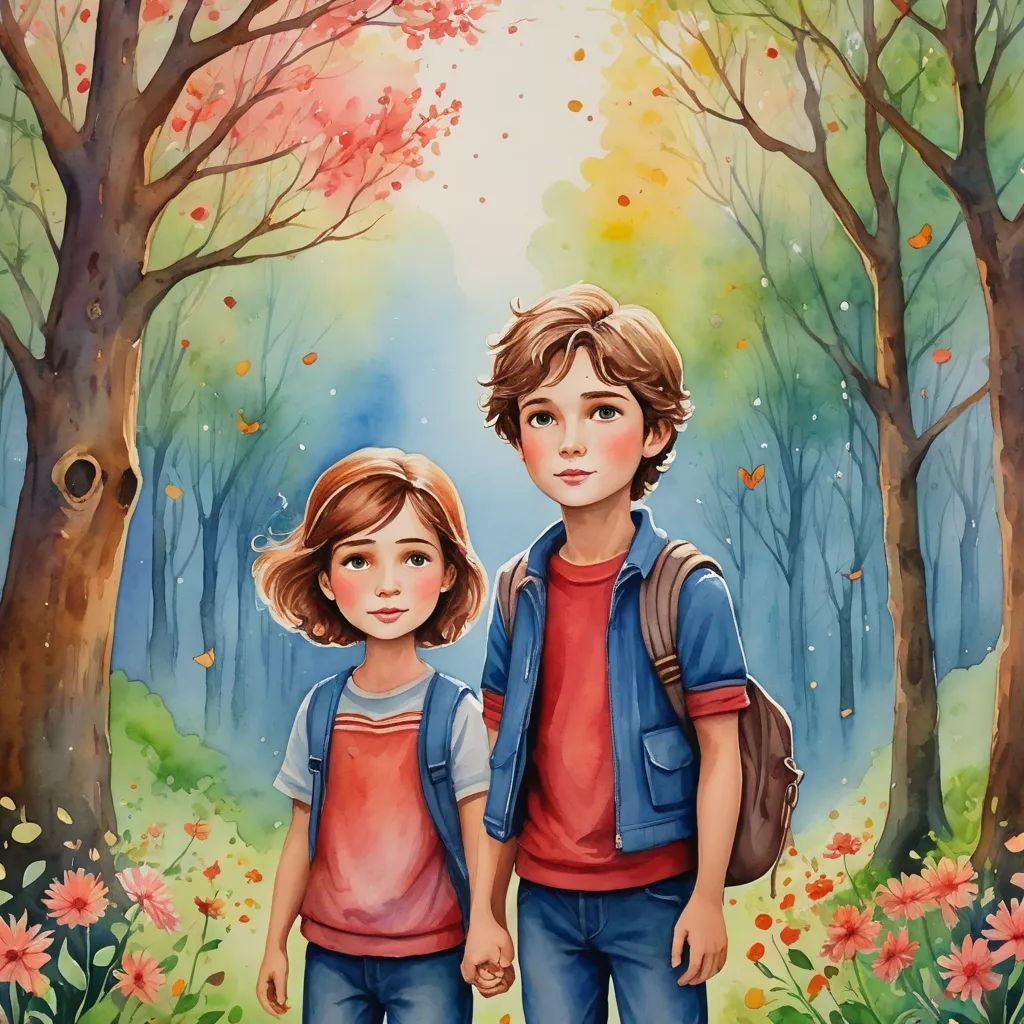 a painting of two children standing in a forest with flowers and trees in the background, one of them is holding the hand of the other child's hand, lyco art, a storybook illustration, Aaron Jasinski, storybook illustration