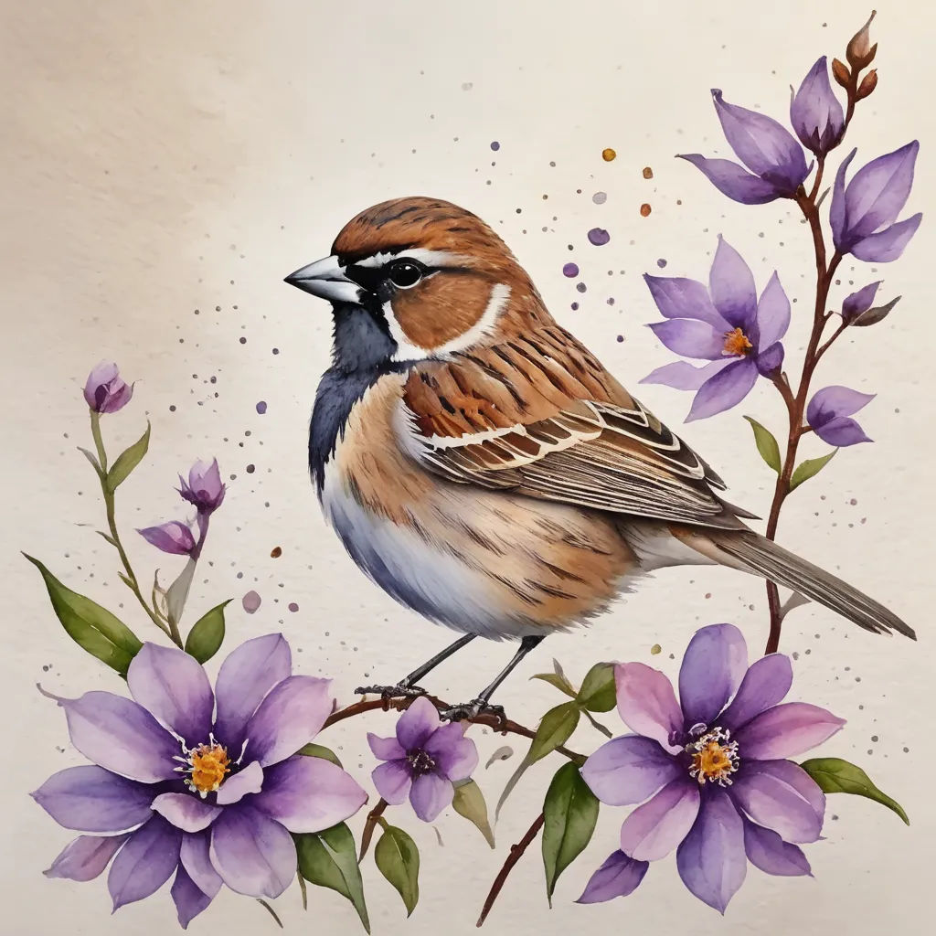 a bird sitting on a branch with purple flowers on it's side and a white background with a brown and blue bird on it, cloisonnism, an airbrush painting, Cindy Wright, highly detailed digital painting